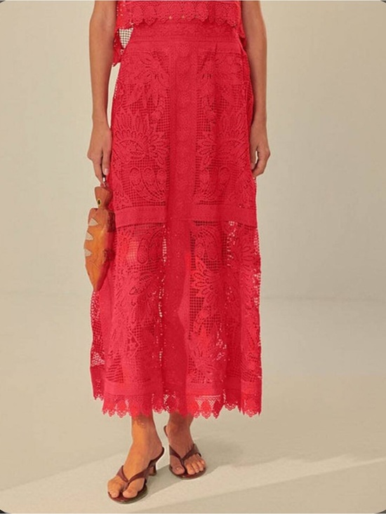 FARM Rio Dresses & Skirts - FARM Rio Toucan Red Guipure Crochet Midi Skirt